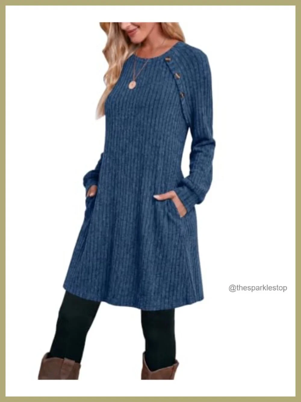 Women's Long Sleeve Ribbed Knit Dress with Pockets, Casual Button Detail